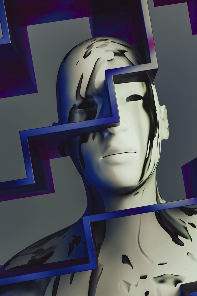 Steve Johnson - Surreal digital artwork of a human face intertwined with geometric maze patterns in a futuristic style.