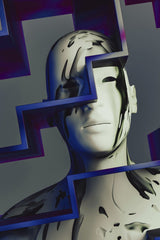 Steve Johnson - Surreal digital artwork of a human face intertwined with geometric maze patterns in a futuristic style.