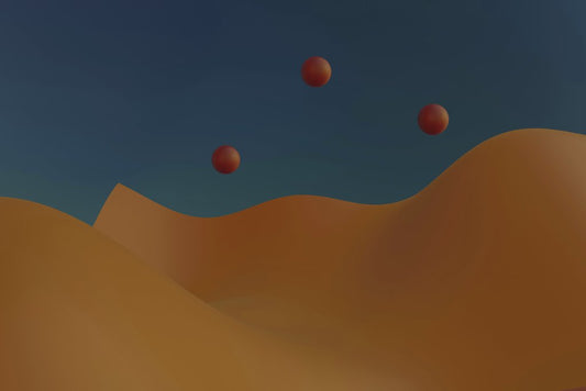 Steve Johnson - An abstract image featuring orange dunes and floating spheres against a deep blue sky.