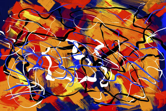 Steve Johnson - Energetic abstract painting featuring vivid colors and dynamic shapes.