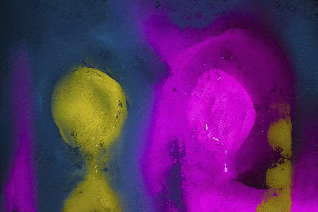 Steve Johnson - Colorful abstract painting with vivid neon pink and yellow shapes on textured surface.