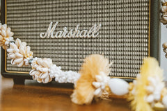 Jess Loiterton - Close-up of a Marshall speaker decorated with a seashell garland, blending music and coastal vibes.