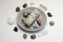 Los Muertos Crew - Ceramic plate with sage smudge stick and healing crystals for spiritual rituals.