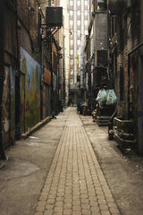 James Superschoolnews - A narrow urban alleyway lined with graffiti and string lights during the day.