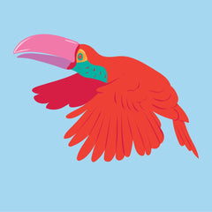 Luisa Roth - A red bird with a colorful beak flying in the sky