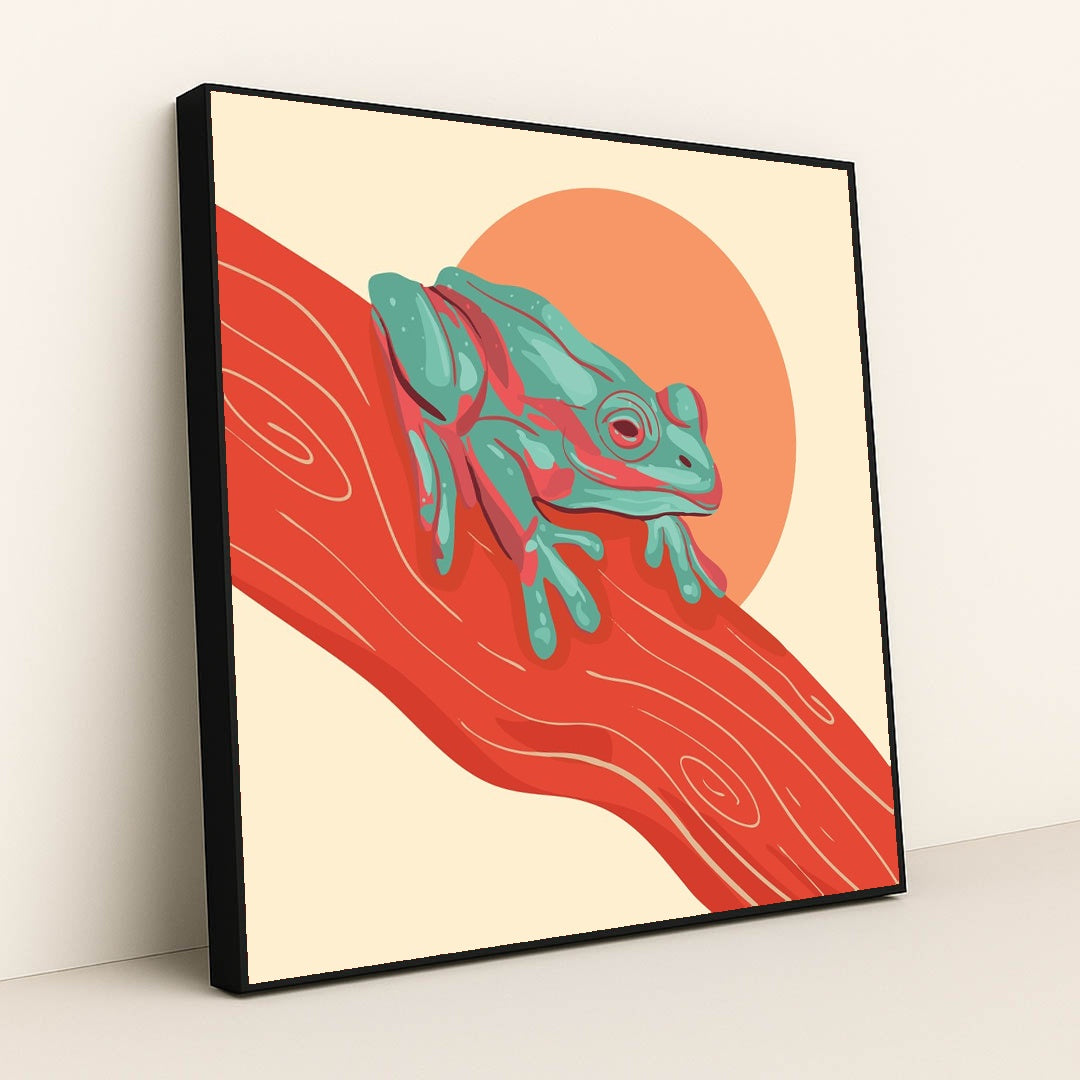 Frog on a Red Branch Cartoon by Amanda Sala - Black Frame Stretchiez