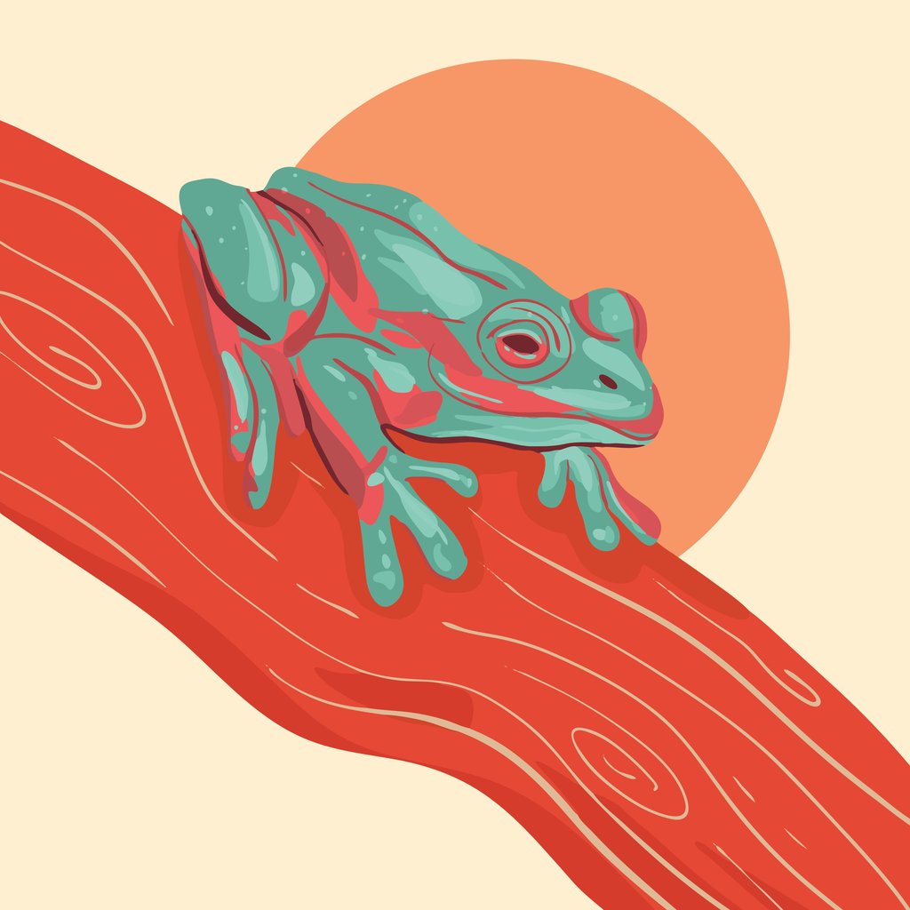 Frog on a Red Branch Cartoon by Amanda Sala