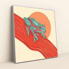 Frog on a Red Branch Cartoon by Amanda Sala - Silver Frame Stretchiez