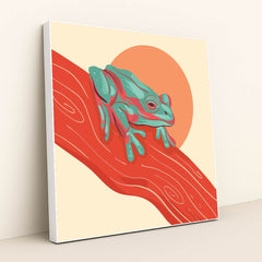 Frog on a Red Branch Cartoon by Amanda Sala - White Frame Stretchiez