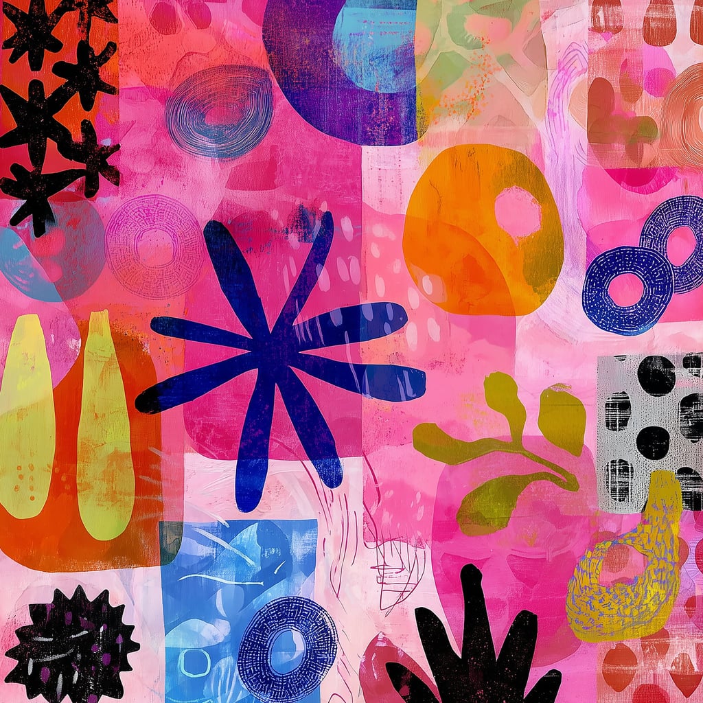 This artwork shows a colorful abstract collage with organic shapes, blue flowers, circles, and vibrant pinks and oranges.