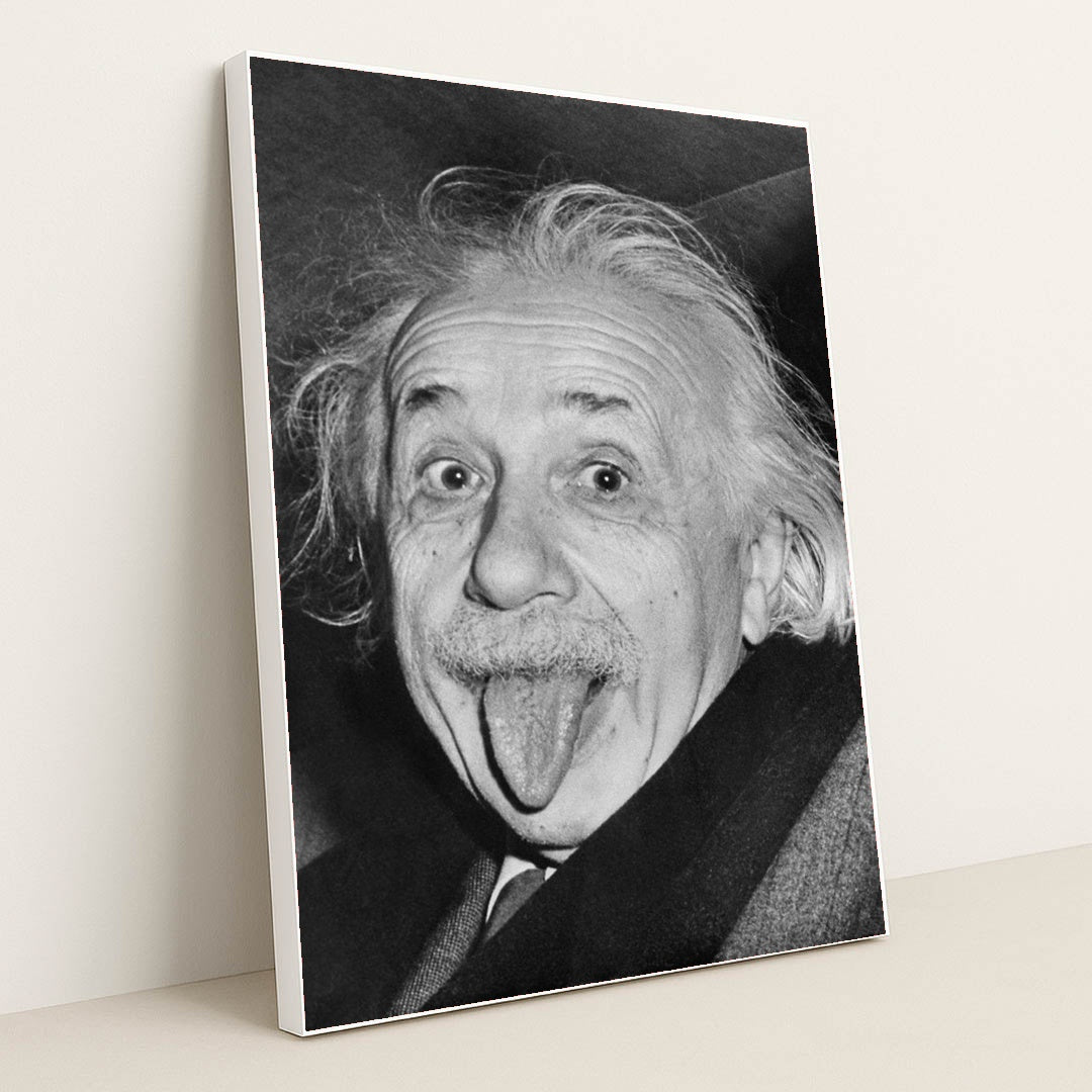 Albert Einstein sticks his tongue by Arthur Sasse - White Frame Stretchiez