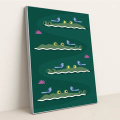 Alligators and Birds in Tranquil Waters by Andania Humaira - Silver Frame Stretchiez