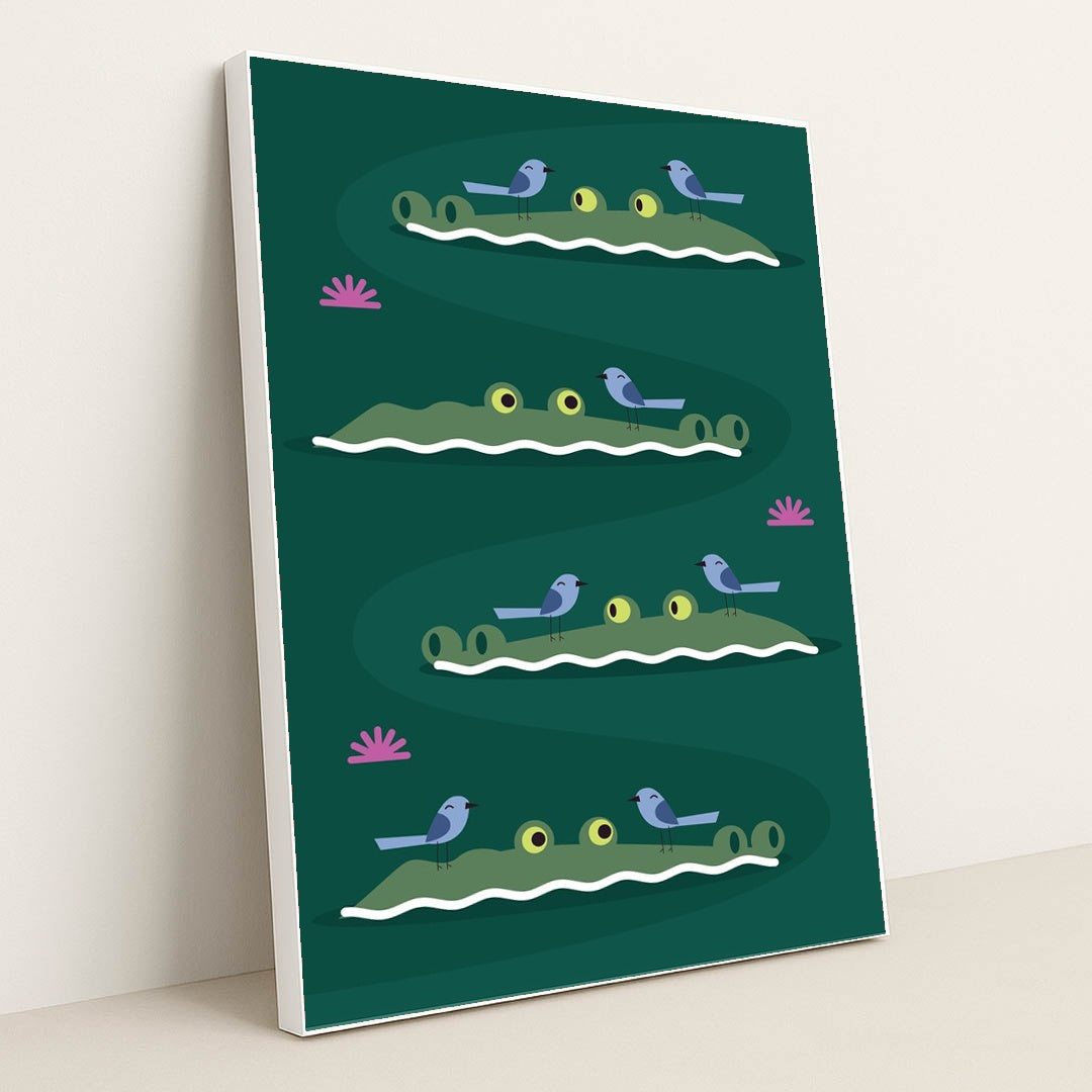 Alligators and Birds in Tranquil Waters by Andania Humaira - White Frame Stretchiez