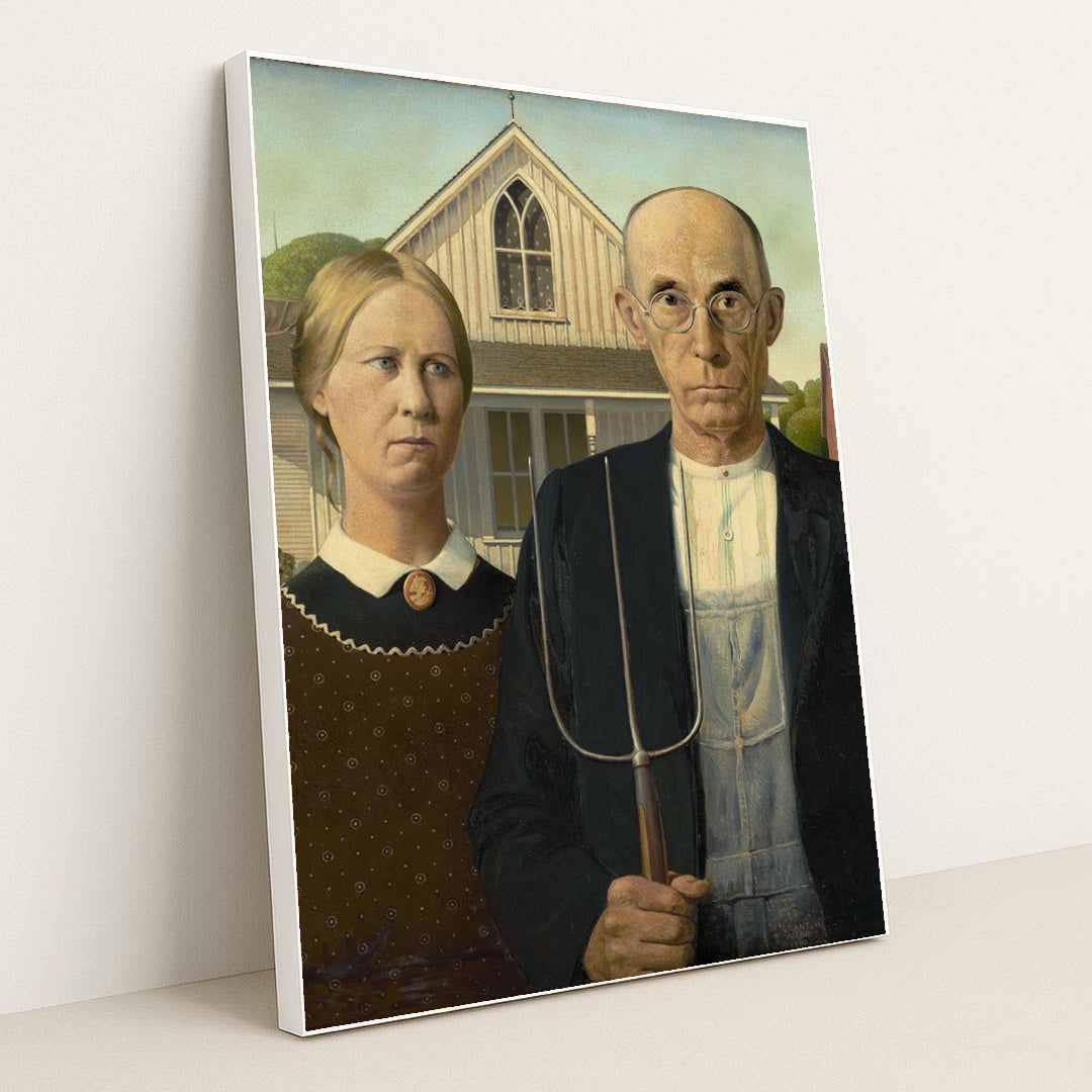 American Gothic by Grant Wood - White Frame Stretchiez