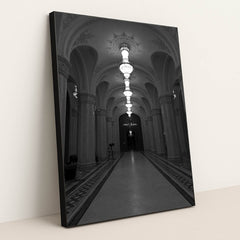 Grand Marble Corridor with Ornate Columns and Crystal Chandeliers by Botond Czapp - Black Frame Stretchiez