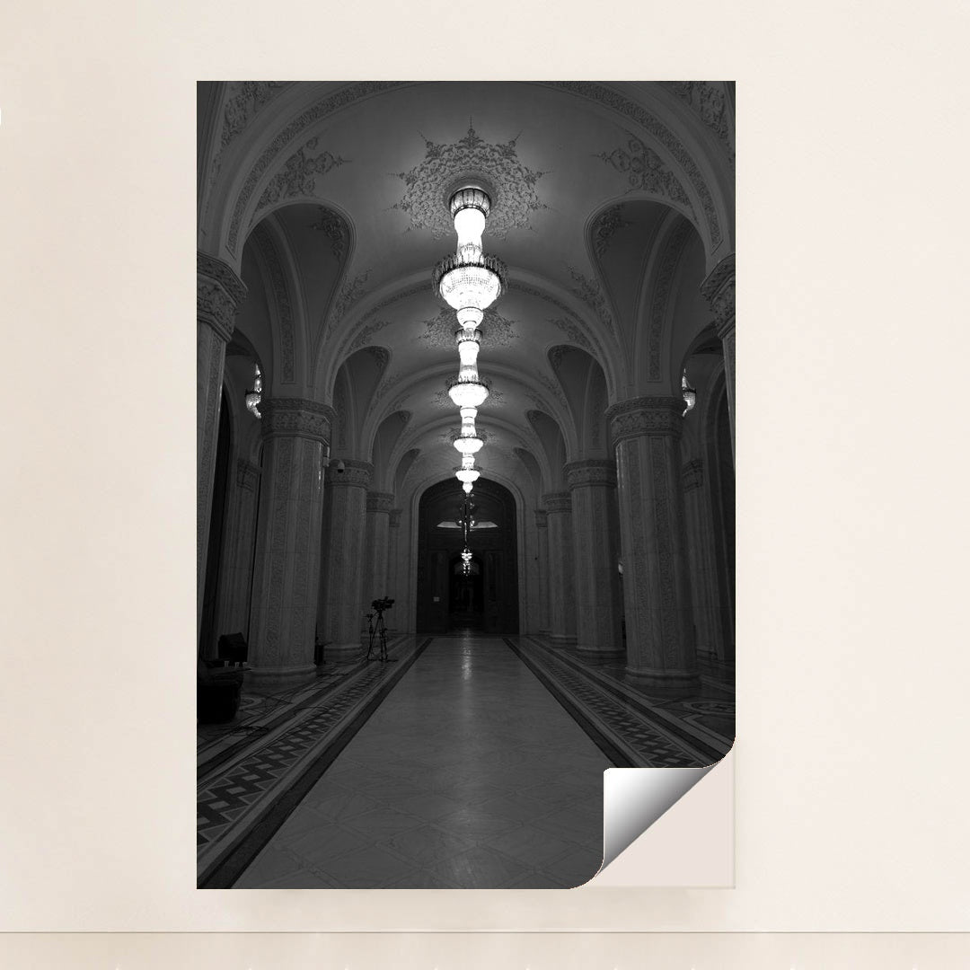 Grand Marble Corridor with Ornate Columns and Crystal Chandeliers by Botond Czapp - Peeliez