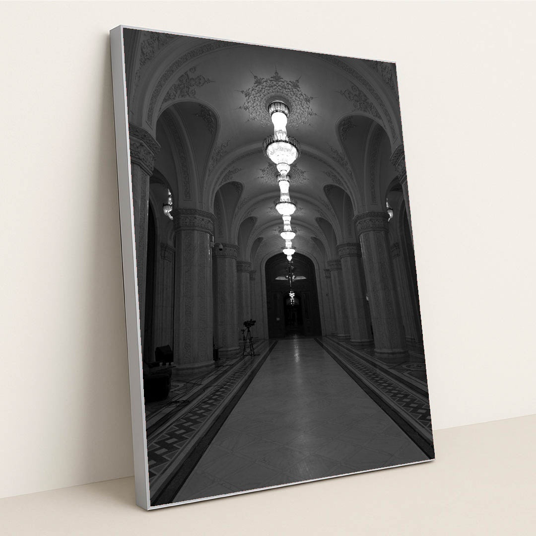 Grand Marble Corridor with Ornate Columns and Crystal Chandeliers by Botond Czapp - Silver Frame Stretchiez