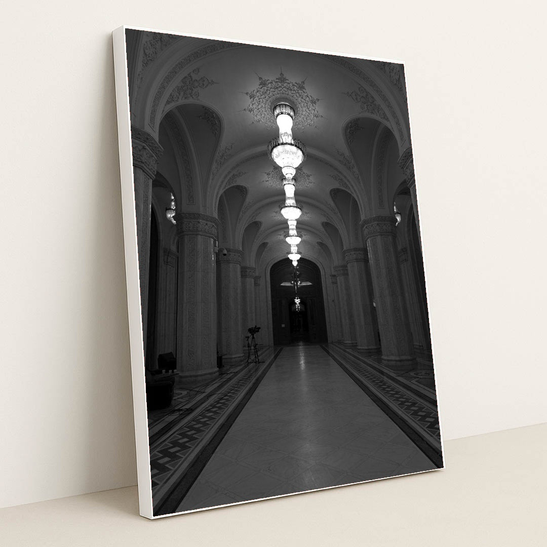 Grand Marble Corridor with Ornate Columns and Crystal Chandeliers by Botond Czapp - White Frame Stretchiez