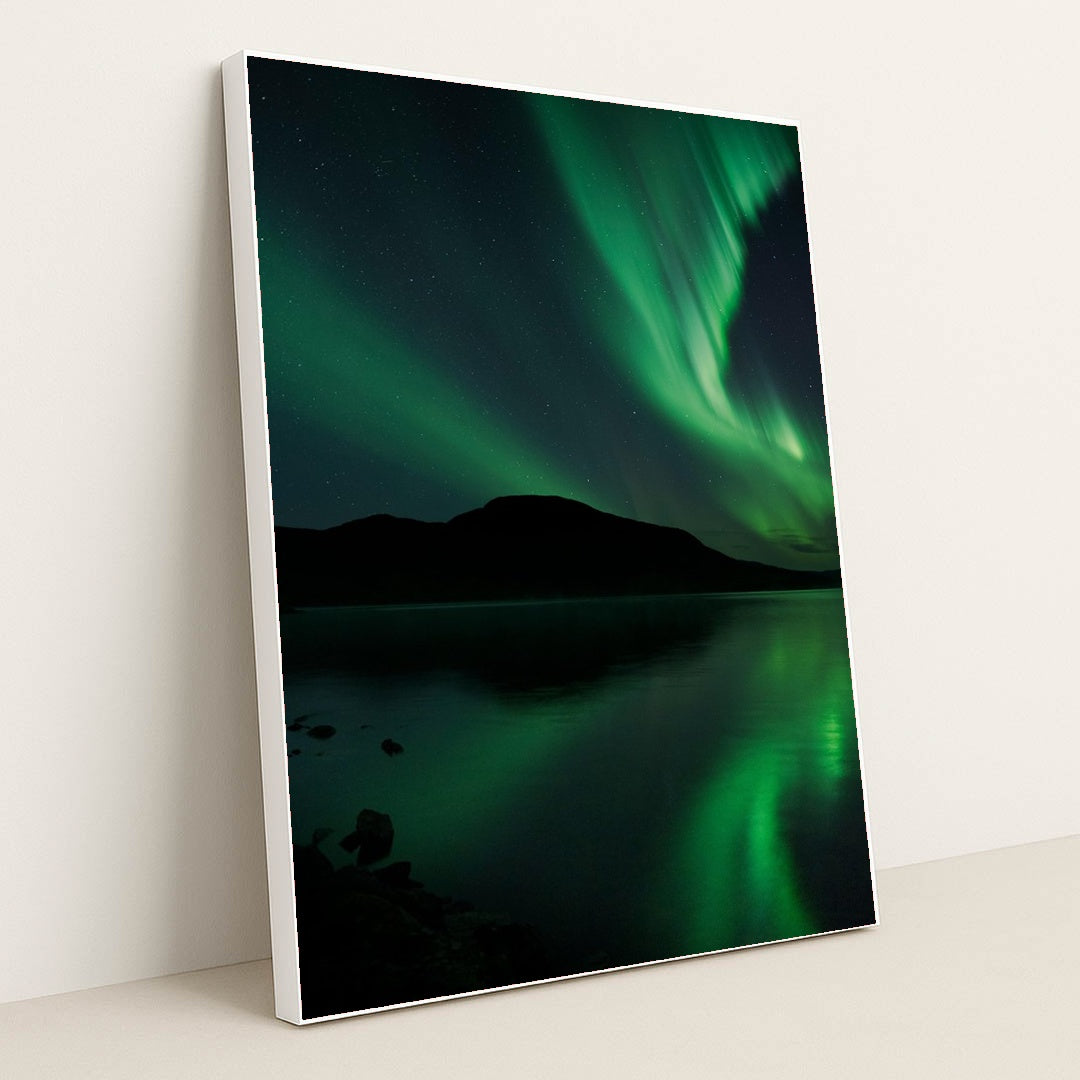 The aurora bore is reflected in the water by Christoph Nolte - White Frame Stretchiez