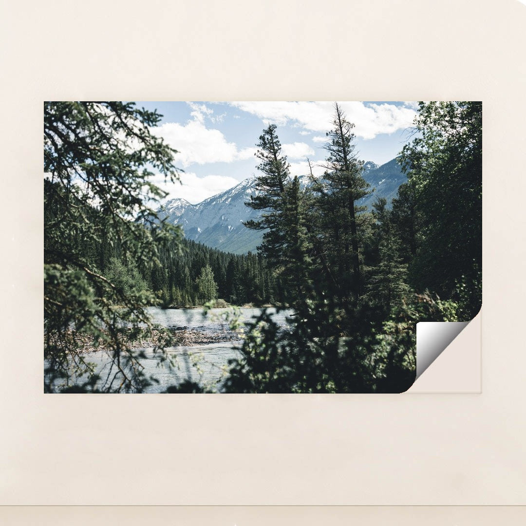 Snow-Capped Rocky Mountains and Evergreen Forest by River in Banff by Ali Kazal - Peeliez