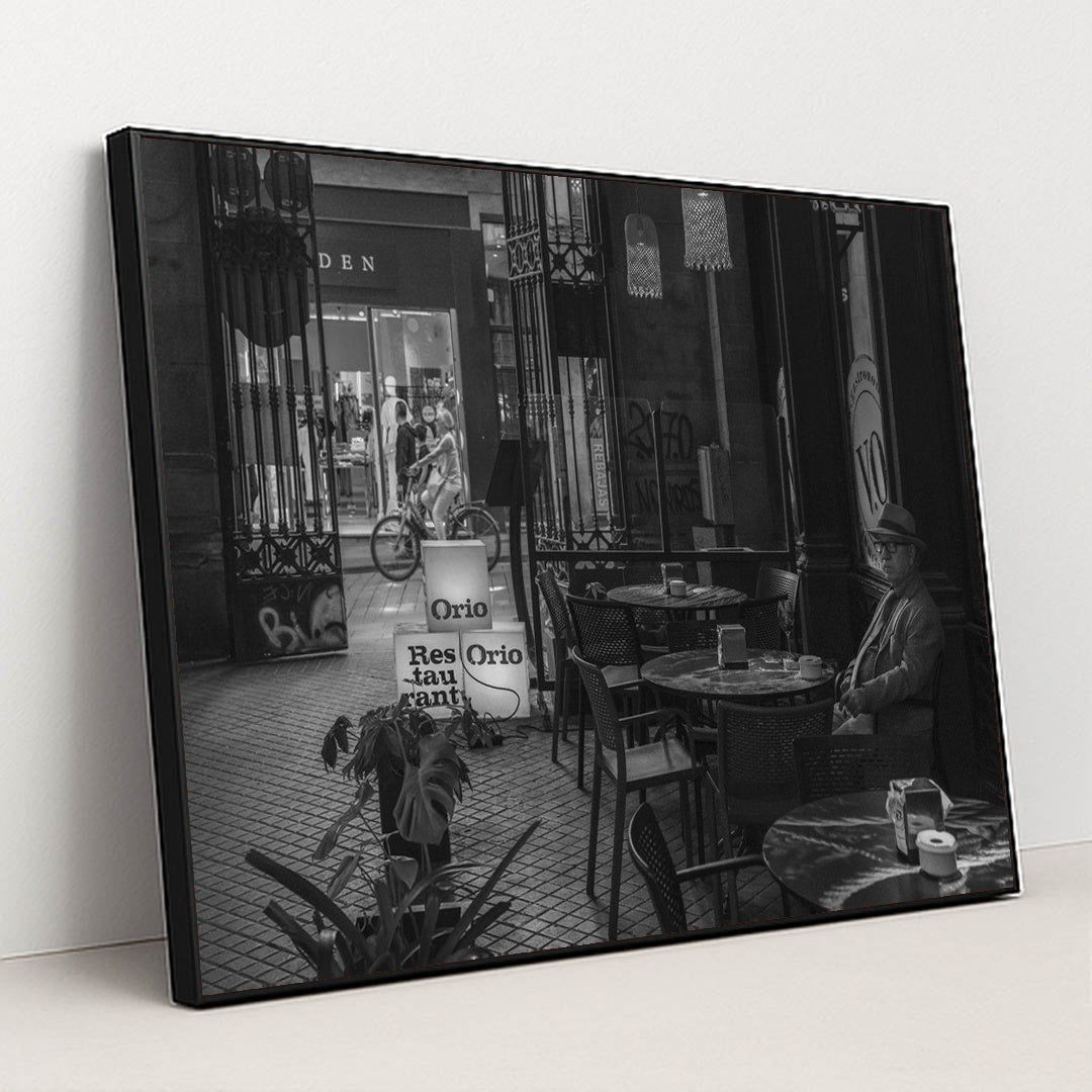Barcelona Black and White Cafe Scene by TBD Traveller - Black Frame Stretchiez