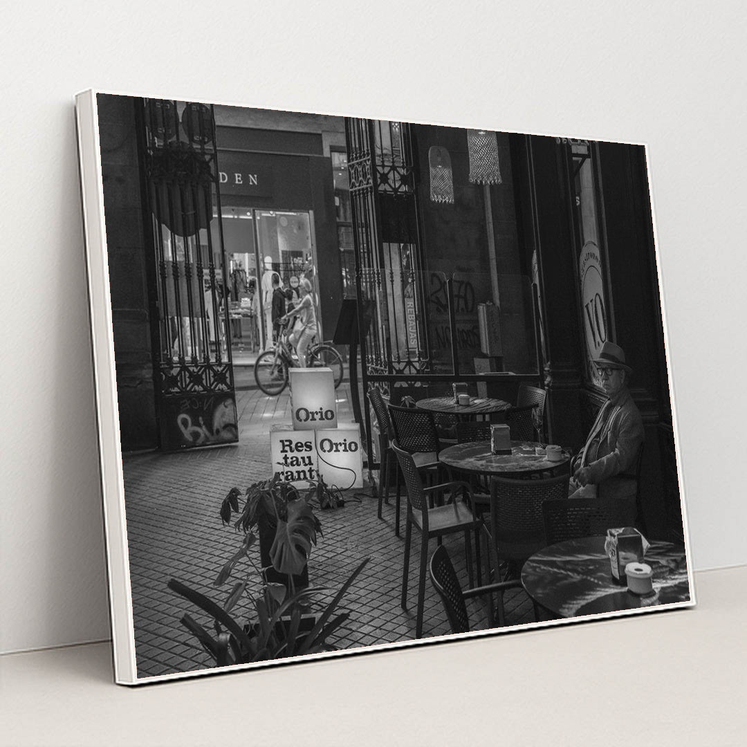 Barcelona Black and White Cafe Scene by TBD Traveller - White Frame Stretchiez
