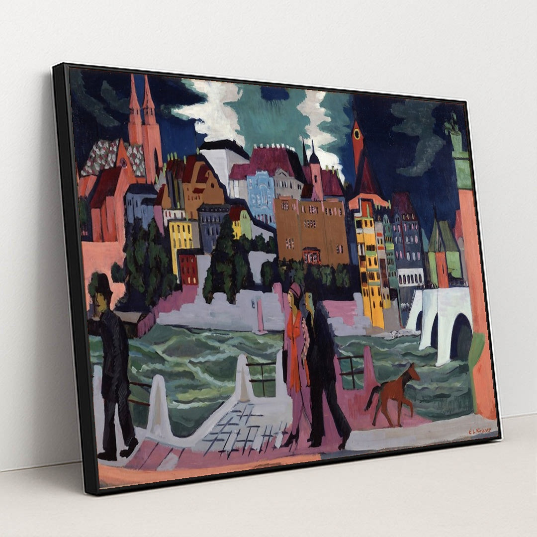 View of Basel and the Rhine (1927–28) by Ernst Ludwig Kirchner - Black Frame Stretchiez