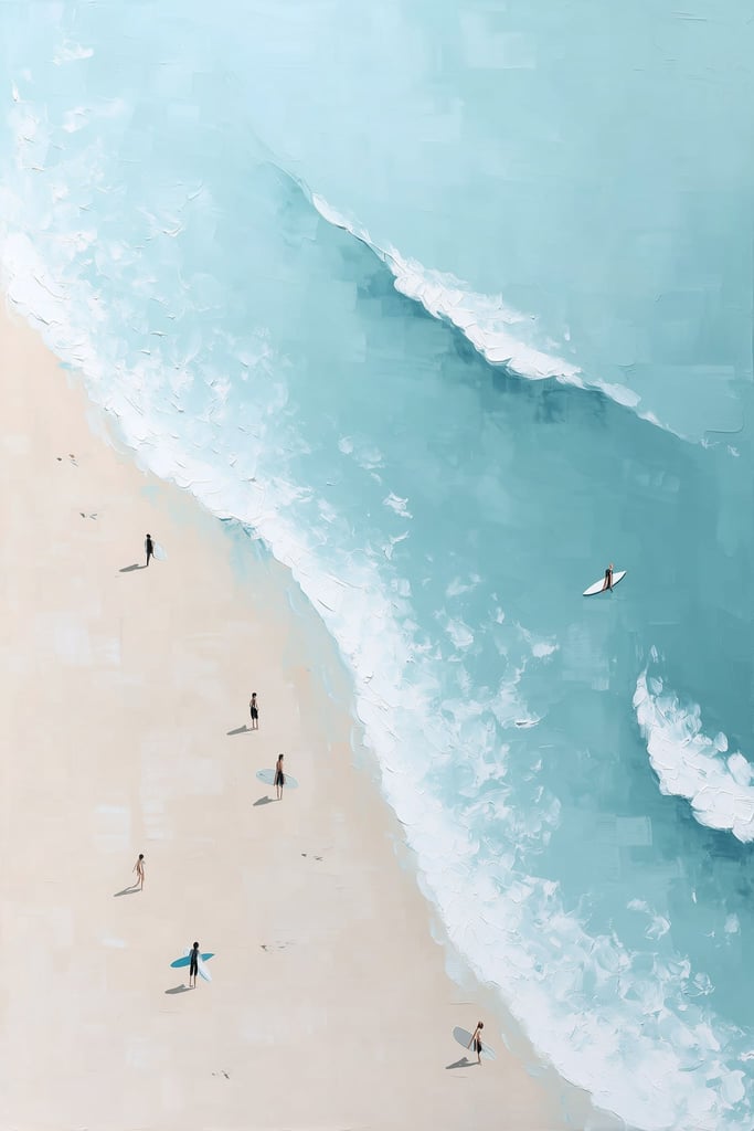 Ocean Whisper artwork features a bright beach scene with surfers carrying boards along the sand beside turquoise ocean waves.