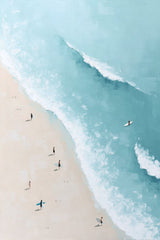 Ocean Whisper artwork features a bright beach scene with surfers carrying boards along the sand beside turquoise ocean waves.