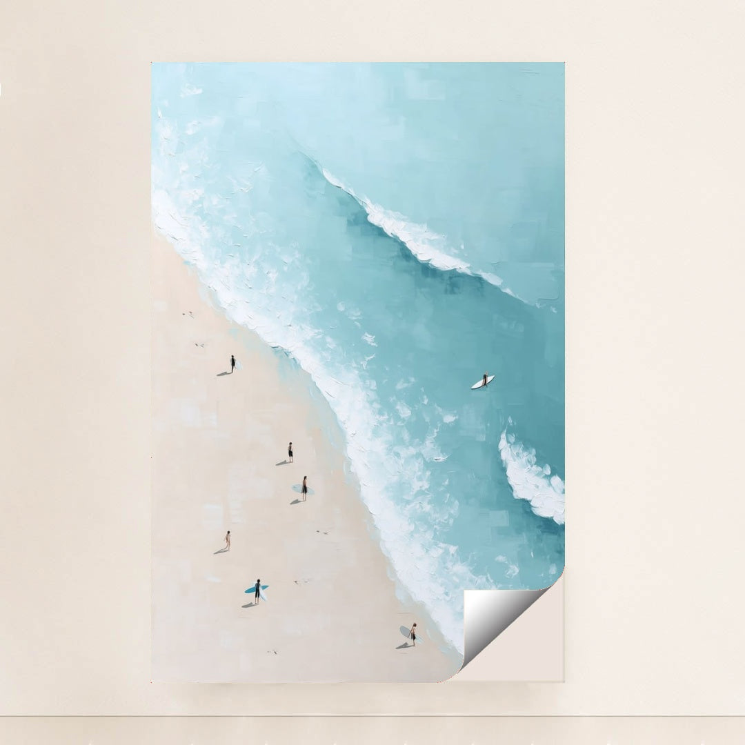 Ocean Whisper artwork features a bright beach scene with surfers carrying boards along the sand beside turquoise ocean waves, shown in a unframed style.