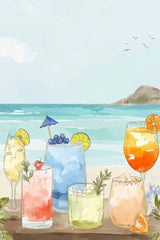 Coastal Sips features colorful summer cocktails on a beach with waves
