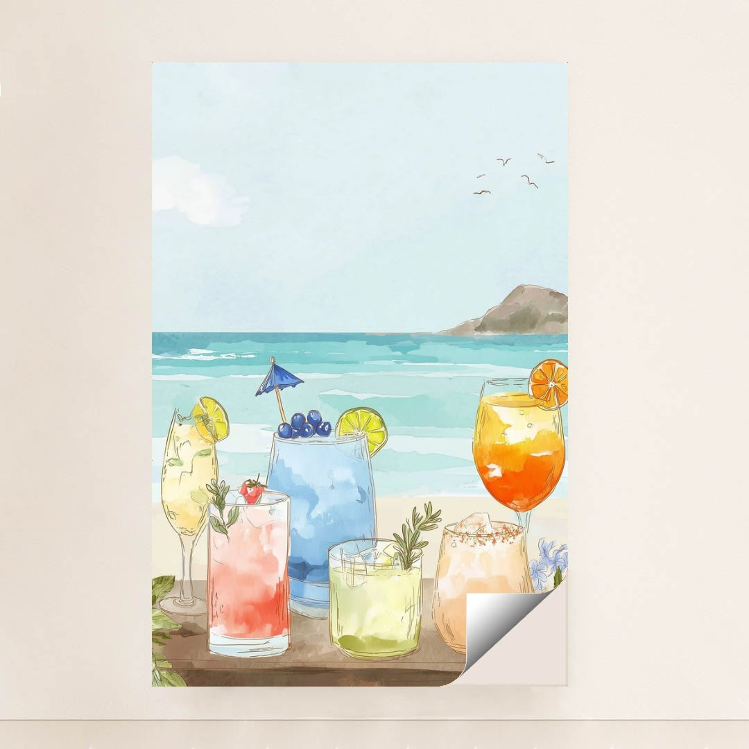 Coastal Sips features colorful summer cocktails on a beach with waves, shown in a unframed style