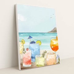 Coastal Sips features colorful summer cocktails on a beach with waves, displayed in a white frame.
