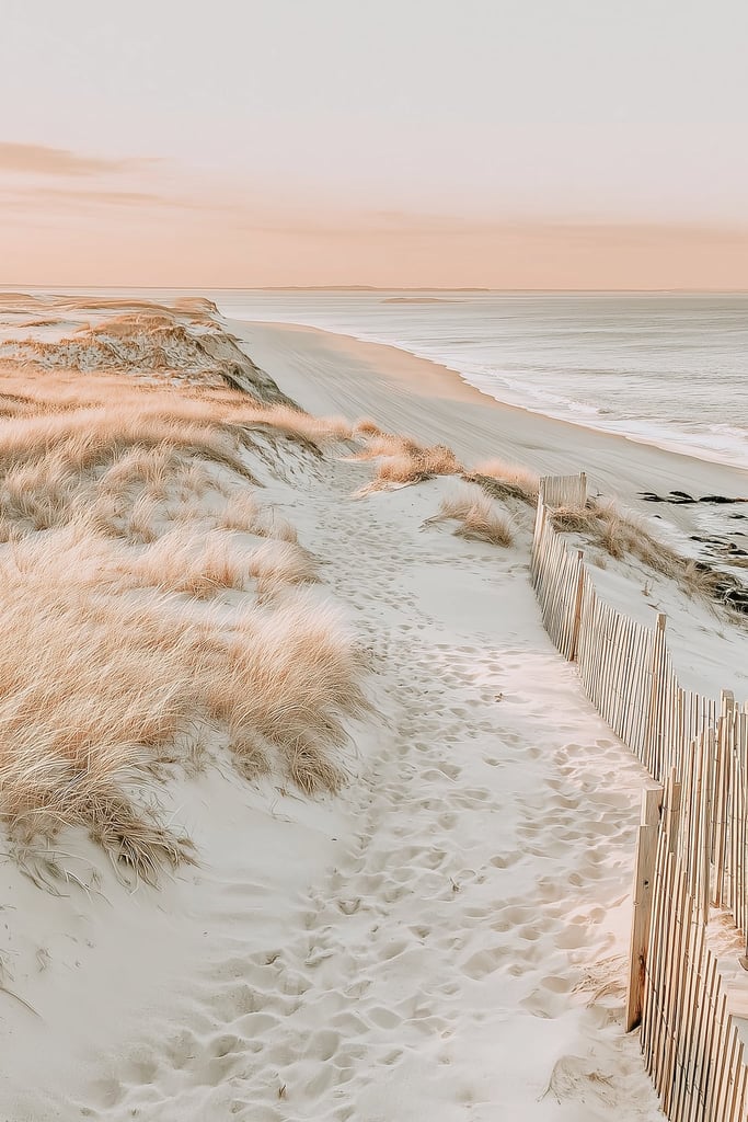 This artwork features a sandy beach path through coastal grass with soft pink light.