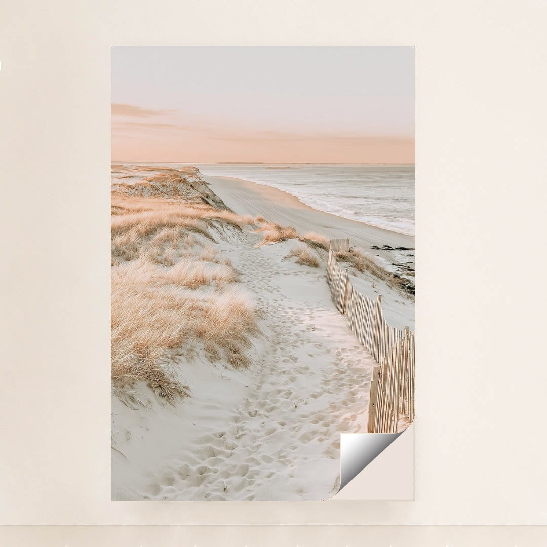 This artwork features a sandy beach path through coastal grass with soft pink light, unframed.
