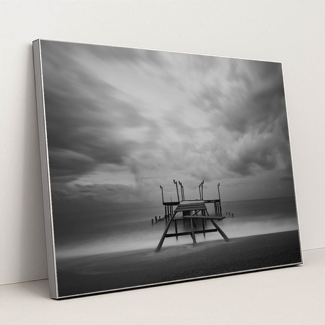 Lonely Pier Under Cloudy Skies by Engin Akyurt - Silver Frame Stretchiez