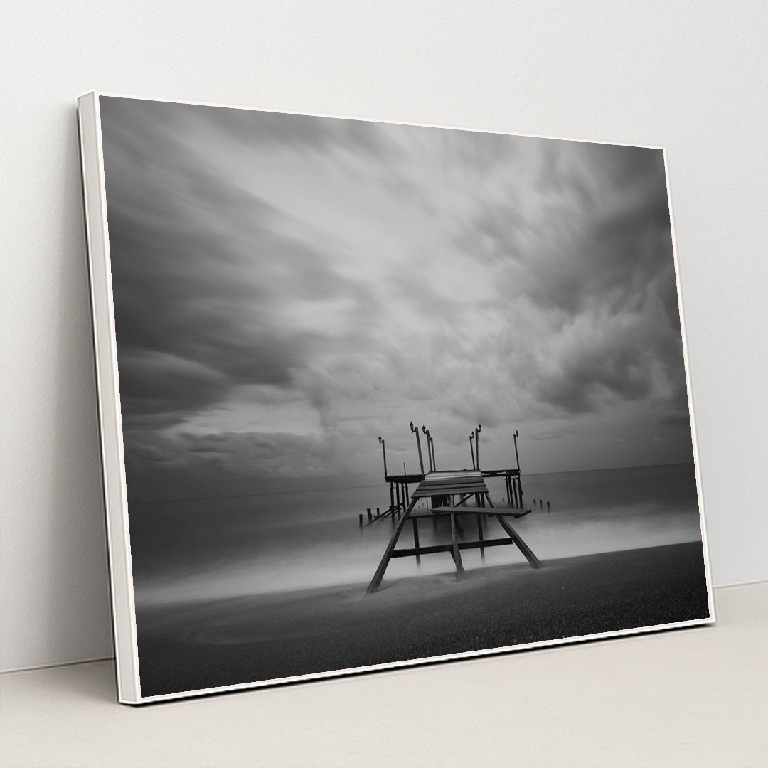 Lonely Pier Under Cloudy Skies by Engin Akyurt - White Frame Stretchiez