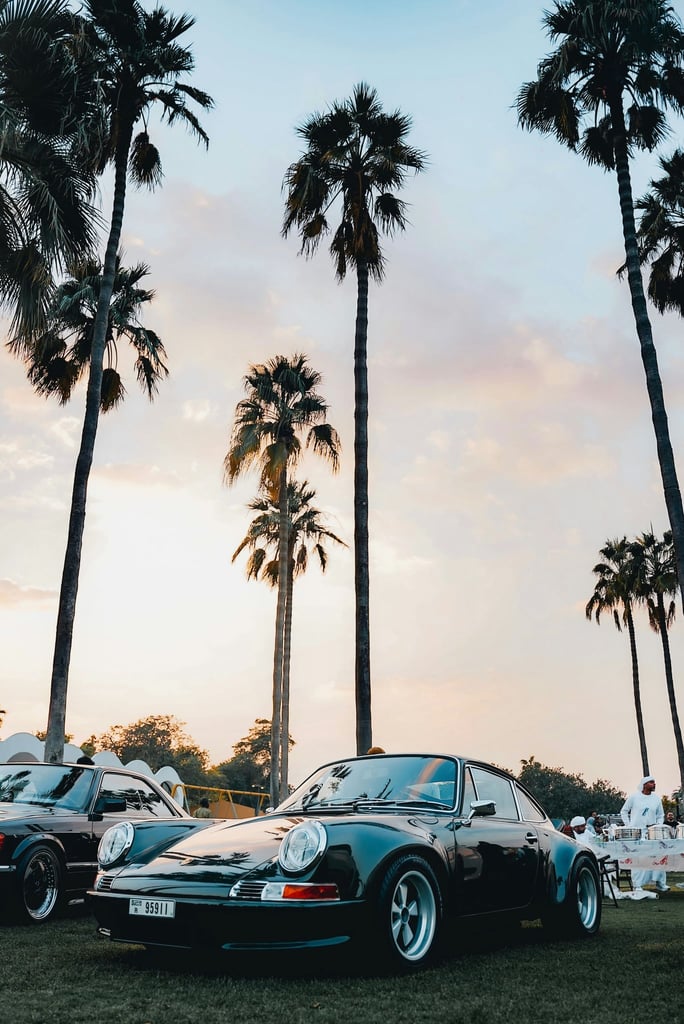 Vintage Porsche 911 in Sunset Light with palm trees in the background, showcasing car wall art elegance.
