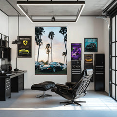 Vintage Porsche 911 in Sunset Light poster in a modern office with palm trees visible through the window.