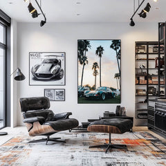 Vintage Porsche 911 in Sunset Light displayed as car wall art in a modern living room with elegant decor.