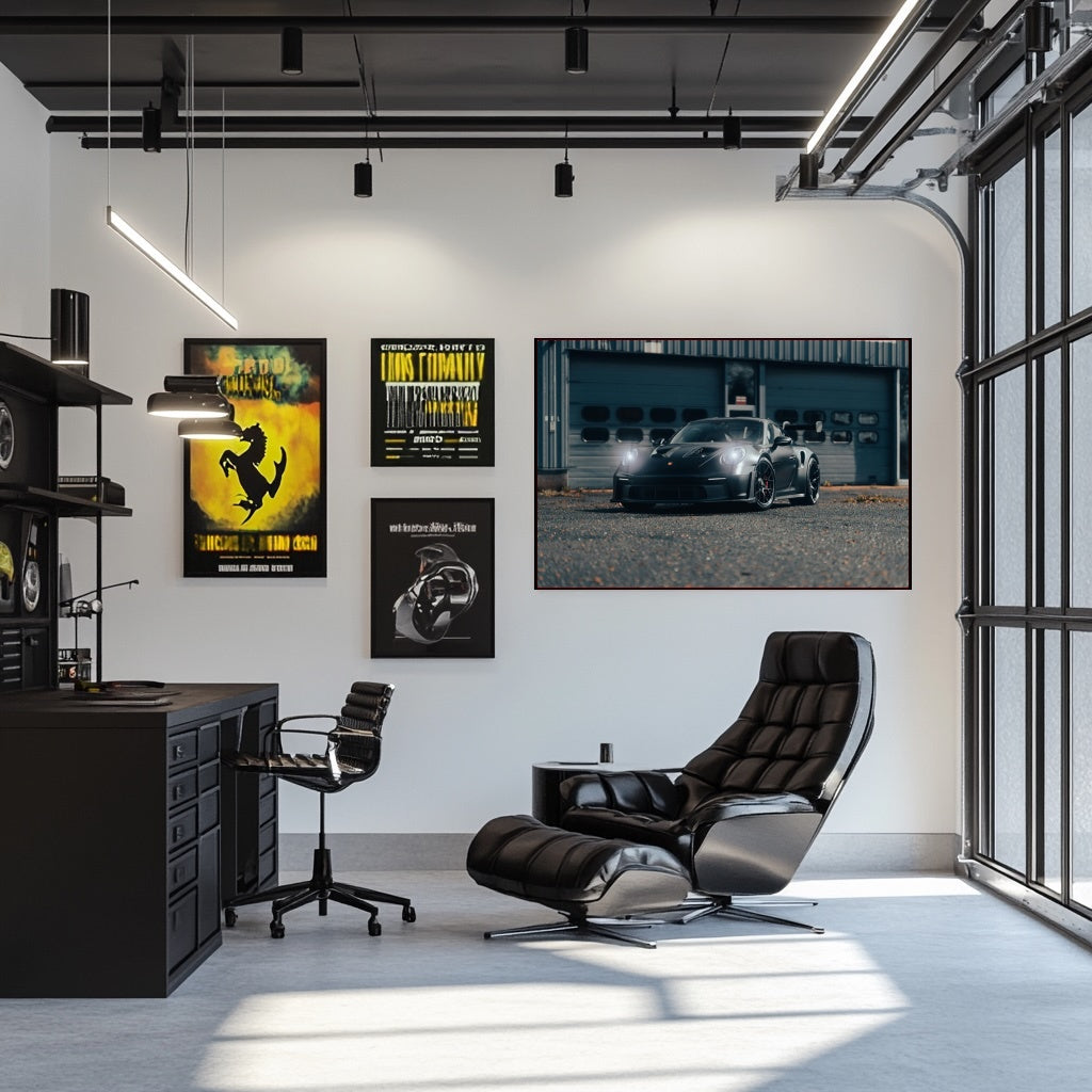 Porsche 911 GT3 RS in Matte Black displayed as car wall art in a modern industrial office setting.
