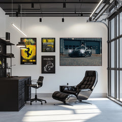 Porsche 911 GT3 RS in Matte Black displayed as car wall art in a modern industrial office setting.