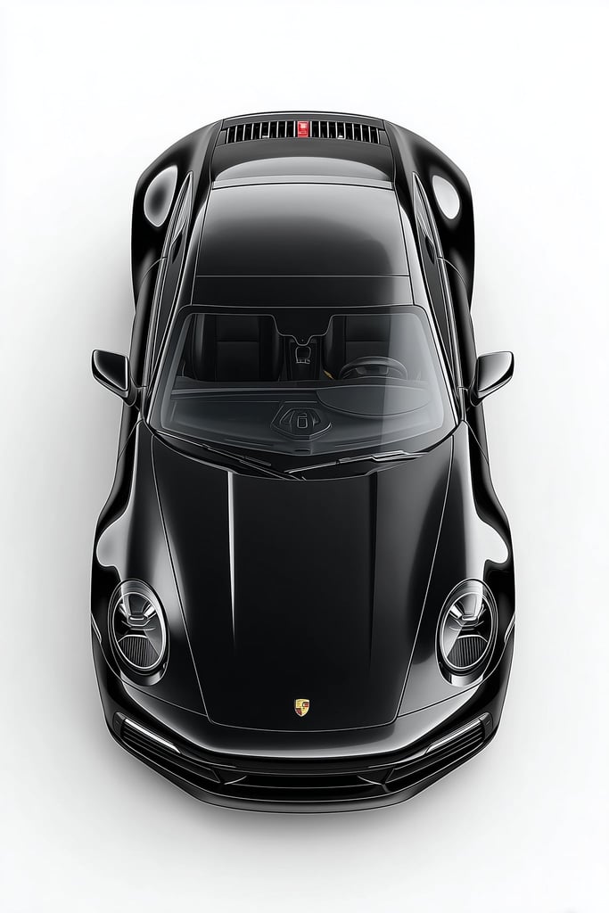 Studio Black Porsche in a top-down view showcasing its sleek design and luxury features, perfect car wall art.