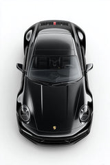 Studio Black Porsche in a top-down view showcasing its sleek design and luxury features, perfect car wall art.