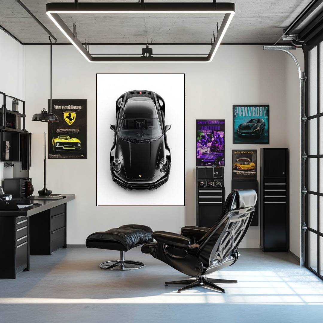 Studio Black Porsche showcased as car wall art in a stylish modern office, highlighting its luxurious design and details.