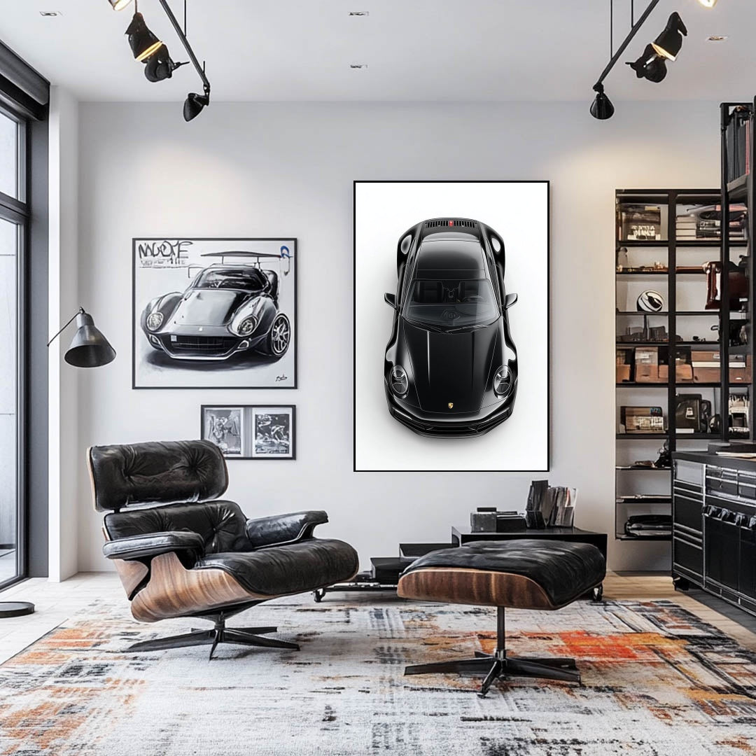 Studio Black Porsche displayed as car wall art in a modern living room with stylish furnishings.