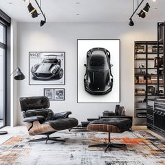 Studio Black Porsche displayed as car wall art in a modern living room with stylish furnishings.