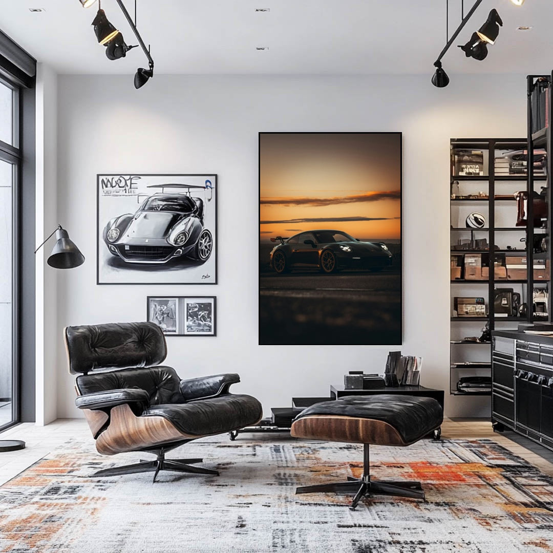 Black 911 GT3 Porsche on Open Road wall art displayed in a modern living room with stylish decor.