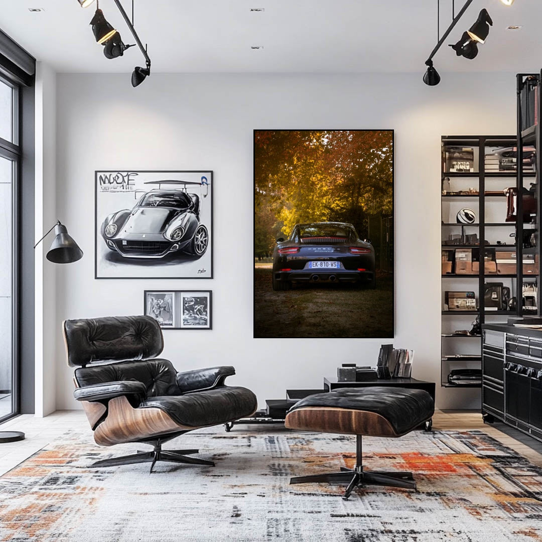Porsche 911 Under Autumn Shade framed in a stylish room, showcasing the car against vibrant autumn colors and modern decor.