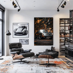 Vintage Porsche 911 Forest Glow art piece in a modern living room showcasing car wall art.